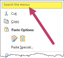 Excel search the menu feature when in a right-click menu