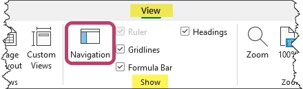 Excel's View tab and navigation button