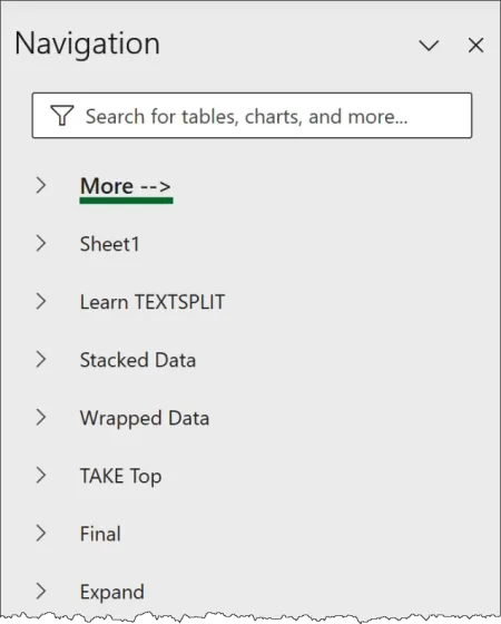 Excel Navigation pane showing sheets, charts, and other objects