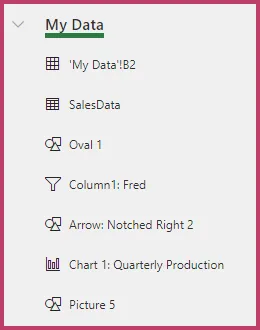 Excel Navigation pane showing sheets, charts, and other objects