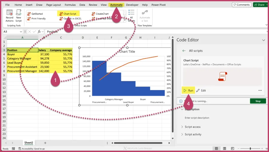 Step to launch an Office Script from the Automate tab in Excel