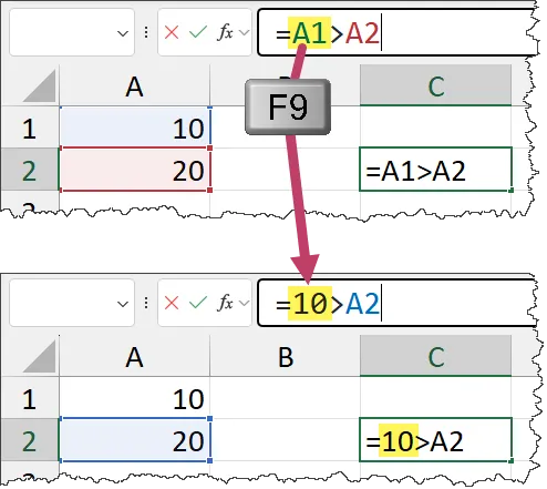 Old way of displaying partial formula evaluation in Excel using the F9 key