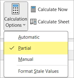 Fragment of an Excel ribbon - Formulas tab with Calculation Options Expanded, and Partial option highlighted.