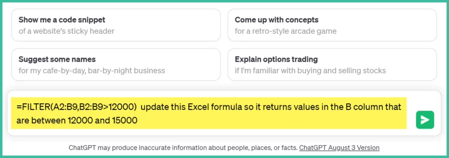 ChatGPT field to type a question/request