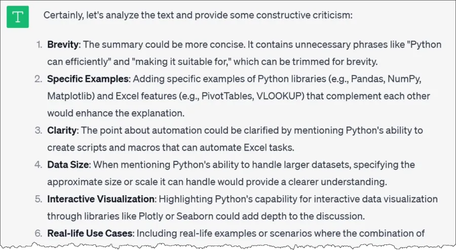 ChatGPT response to user query