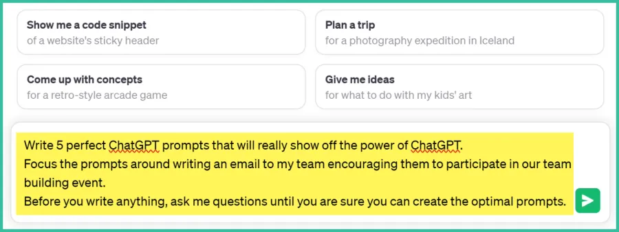 ChatGPT field to type a question/request