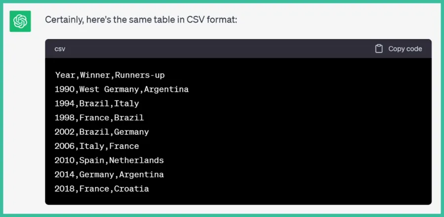 ChatGPT response to user query as comma delimited output