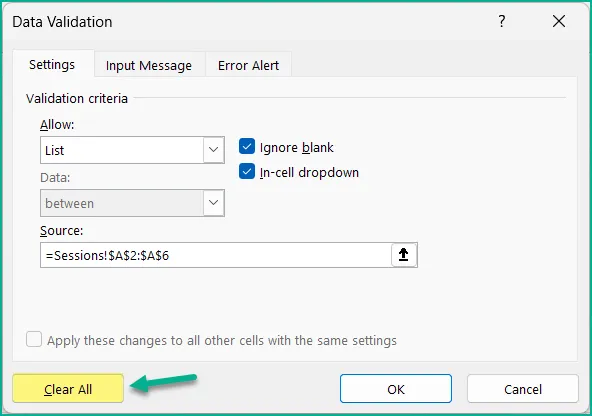 Data Validation window with the Clear All button highlighted.