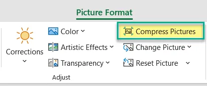 Fragment of an Excel ribbon on the Picture Format tab with Compress Pictures highlighted.