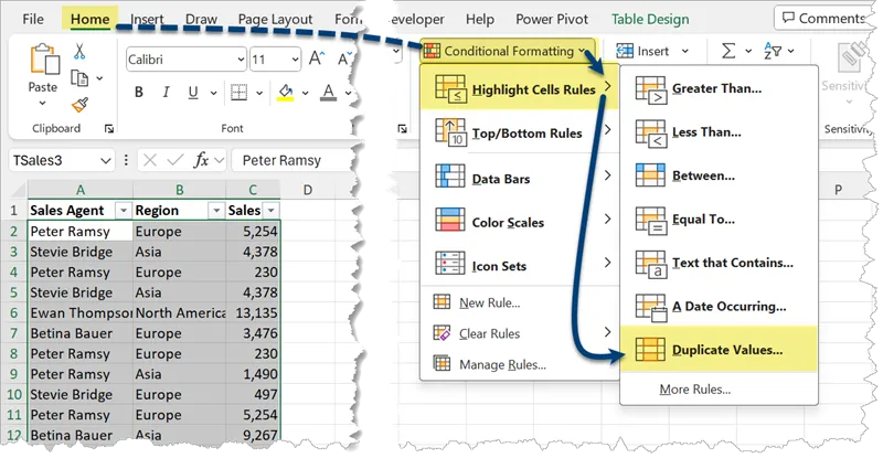 Location of Conditional Formatting - Highlight Cells Rules - Duplicate Values on the Home tab. 