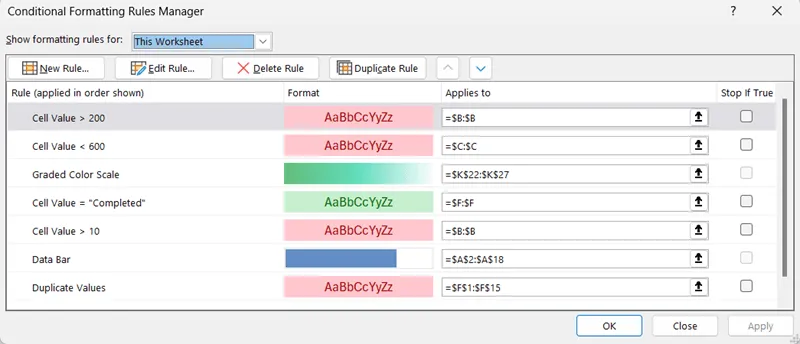 Conditional Formatting Rules Manager dialog box.