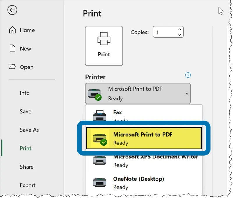 Selecting the Print to PDF option in the Print section of Excel's Backstage