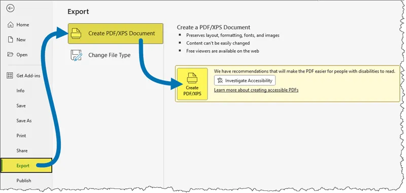 Export page in Excel's Backstage area to export as a PDF (Create PDF/XPS Document).