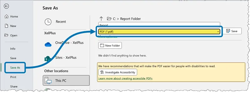 Using the Save As area to select PDF as a save option