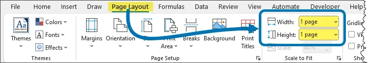 Page Layout ribbon to use the page width and height controls in Excel