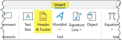 Insert ribbon of Excel to access the Header and Footer button