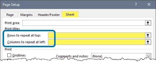 Print Titles controls in the Page Setup dialog box of Excel