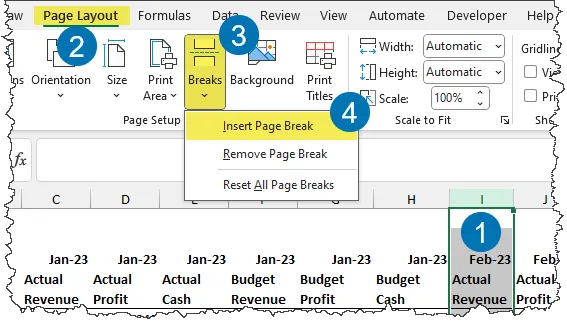 Steps to add a manual page break in Excel