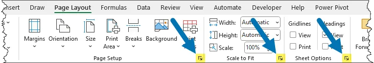 Access buttons for the Page Setup section of Excel