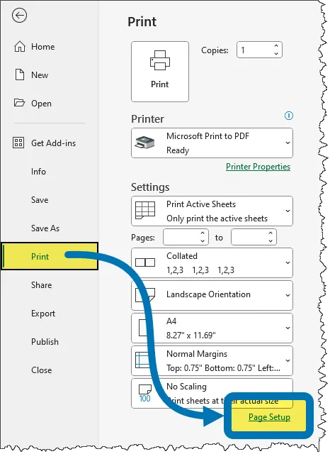 Accessing the Page Setup link in the Print Preview window of Excel