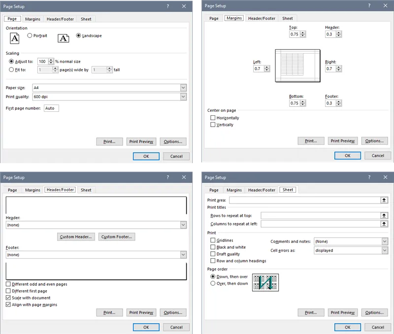 The four pages of controls for the Page Setup dialog box in Microsoft Excel