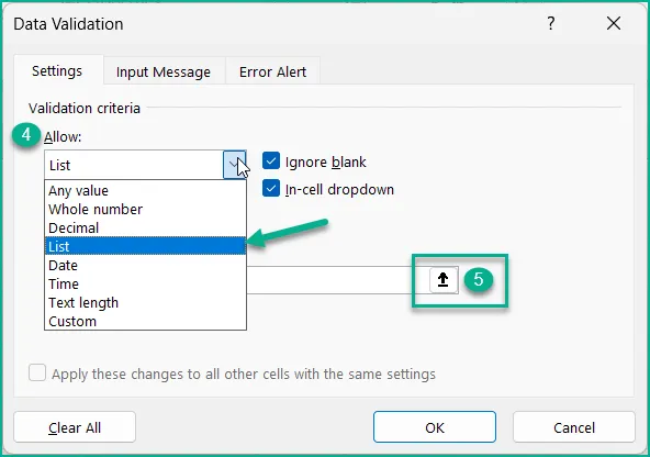 Data validation window with List selected in the Allow dropdown.