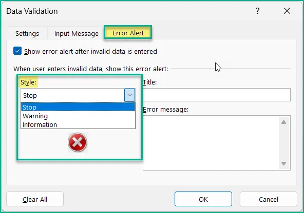 Error Alert tab in the Data Validation dialog box with the Style options expanded showing Stop (selected), Warning, Information.