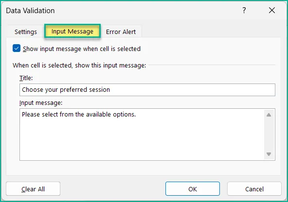 Input Message tab in the Data Validation dialog box.