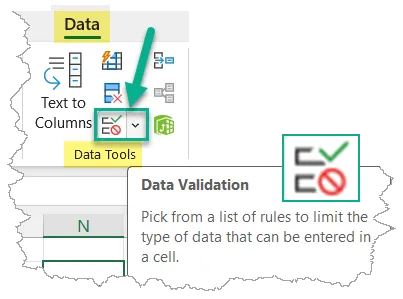 Fragment of an Excel ribbon open on the Data tab, with Data Tools highlighted. Pointing to the Data Validation icon.