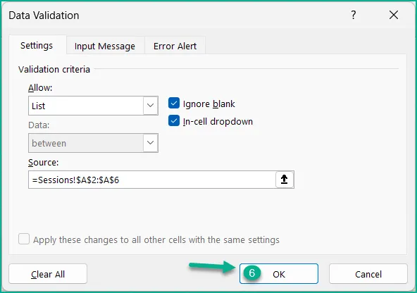 Data Validation window with List selected as the Allow argument, Source range populated, and pointing to the OK button.