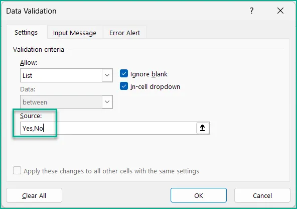 Data Validation dialog box with manually populated "Yes,No" in the source box.