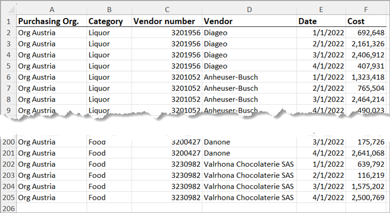 Fragment of an Excel worksheet - a data range with 6 columns and 205 rows of data, including headers: Purchasing Org., Category, Vendor number, Vendor, Date, Cost.