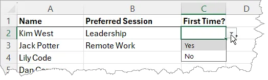 Fragment of and Excel spreadsheet with an expanded drop-down with Yes and No options.