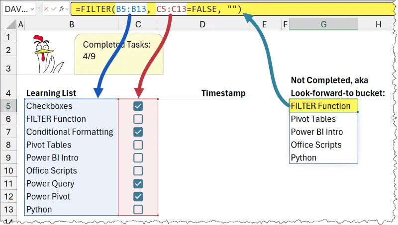 Excel Filter Function to Display Incomplete Tasks