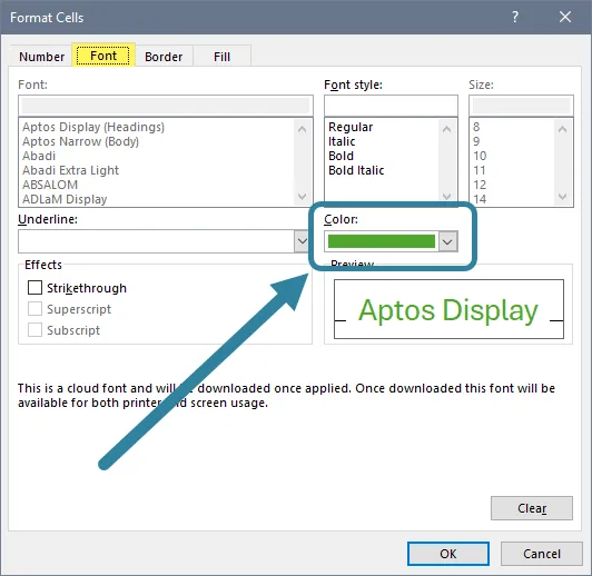 Excel Changing Font Color in Format Cells Dialog Box