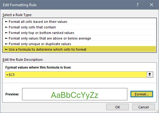 Excel Conditional Formatting Rule Dialog Box