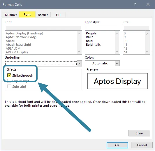 Excel Setting Font Strikethrough in Format Cells Dialog Box