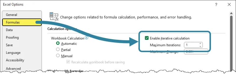 Excel Enabling Iterative Calculations in Excel Options