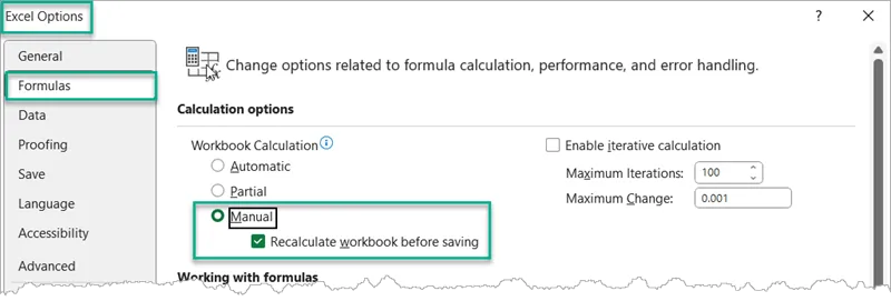 Excel Options dialog box open on Formulas - Calculation options, with Manual - Recalculate workbook before saving selected and highlighted.