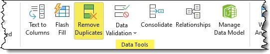 Fragment of the Excel ribbon showing the Data Tools group, with Remove Duplicates button highlighted