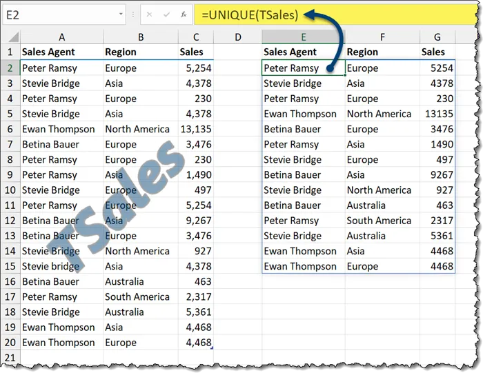 On the right an Excel table called TSales with columns Sales Agent, Region, Sales; on the left, a spilled array under the same headings, with formula in cell E2 =UNIQUE(TSales). 