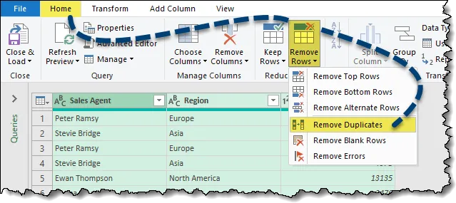 Location of the Remove Duplicates feature under expanded Remove Rows group in the Home tab of Power Query Editor.