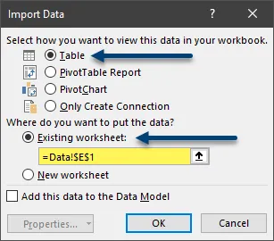 Import Data dialog box with Table and Existing worksheet selected.