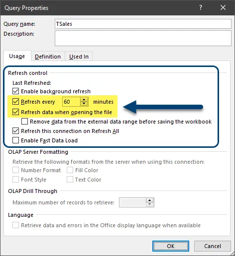 Query Properties dialog box with the following Refresh controls checked: Enable background refresh; Refresh every 60 minutes; Refresh data when opening the file; Refresh this connection on Refresh All.