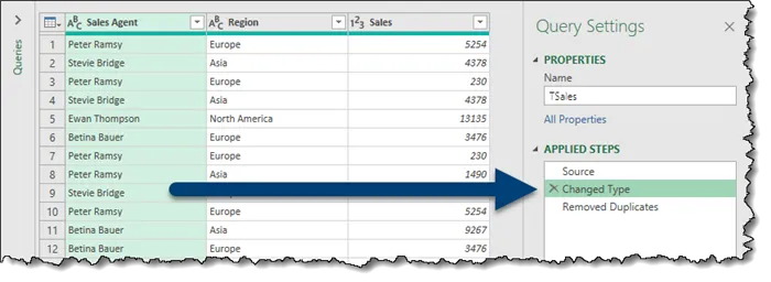 Power Query Editor open on the TSales query with an arrow pointing to the Changed Type step.