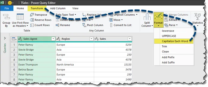 Location of the Capitalize Each Word feature under expanded Format group in the Transform tab of the Power Query Editor.