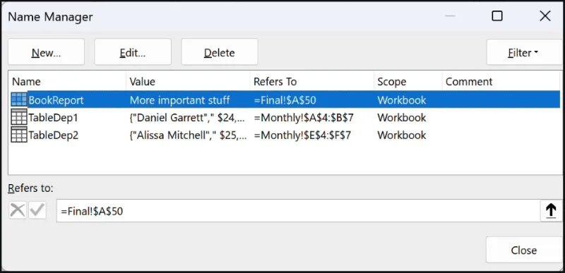 Excel - Name Manager dialog box