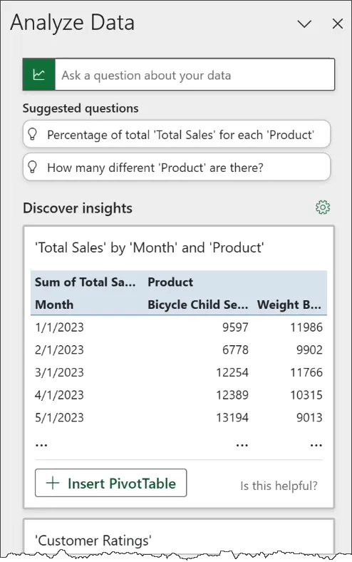 Excel - Analyze Data suggested pivot table reports