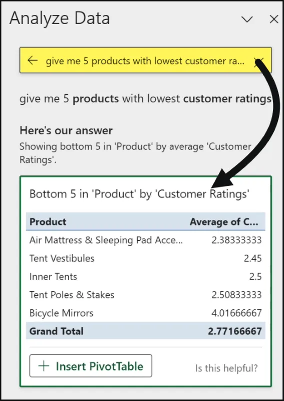 Excel - Analyze Data A.I. output based on custom question