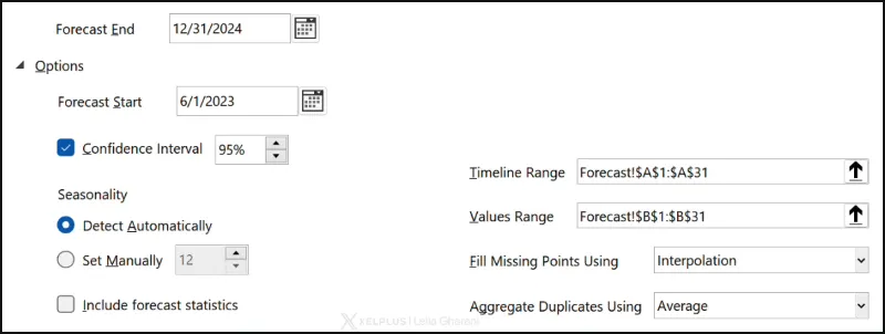 Excel - Create Forecast Worksheet dialog box control options